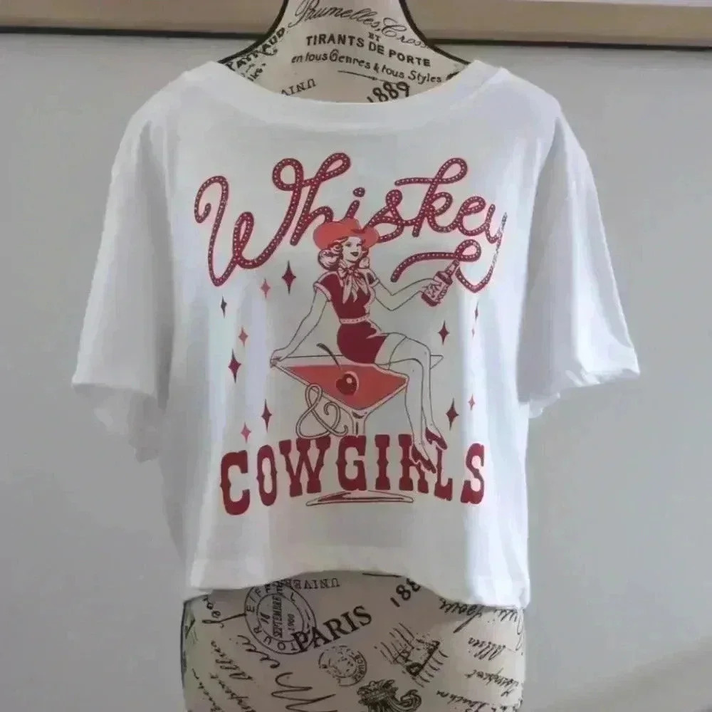 PROTREND | Women's White/Red Oversized Cropped Whiskey Cowgirls Top